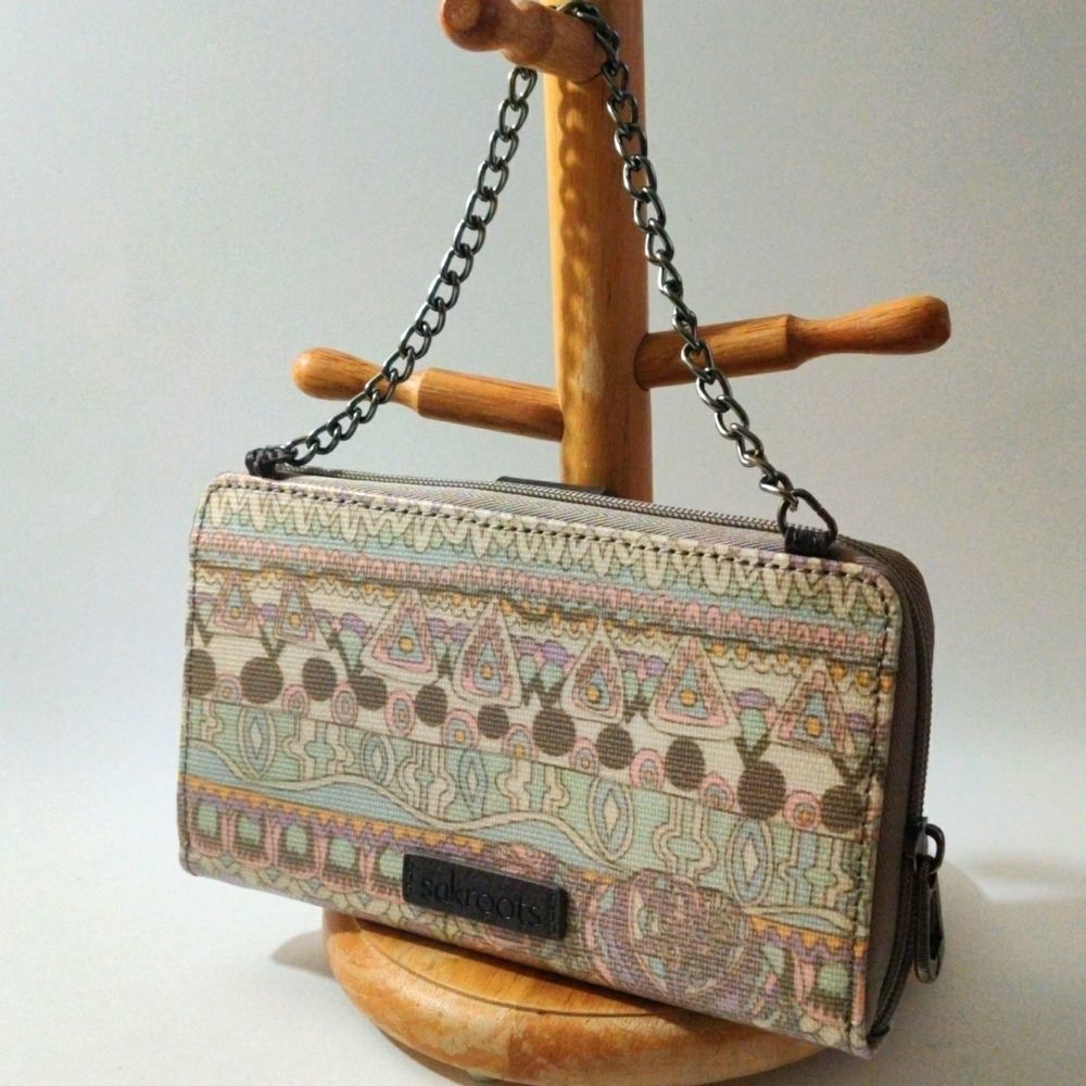 Sakroots Grey and Light‎ Color Toned Bohomian Design Wallet with Metal Chain